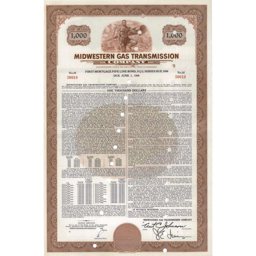 MIDWESTERN GAS TRANSMISSION COMPANY 1000 DOLLARI - 1951