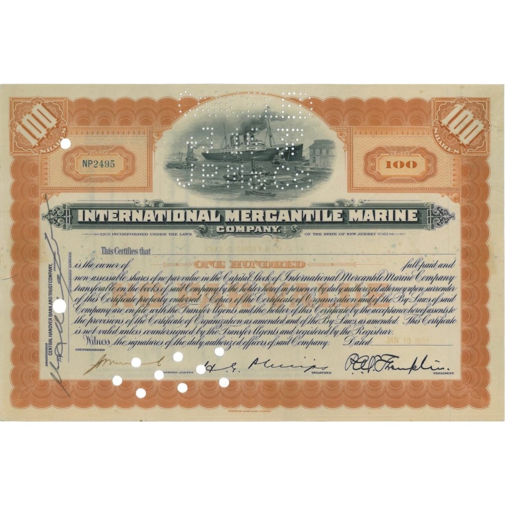 INTERNATIONAL MERCANTILE MARINE (TITANIC) - 100 AZIONI - 1930