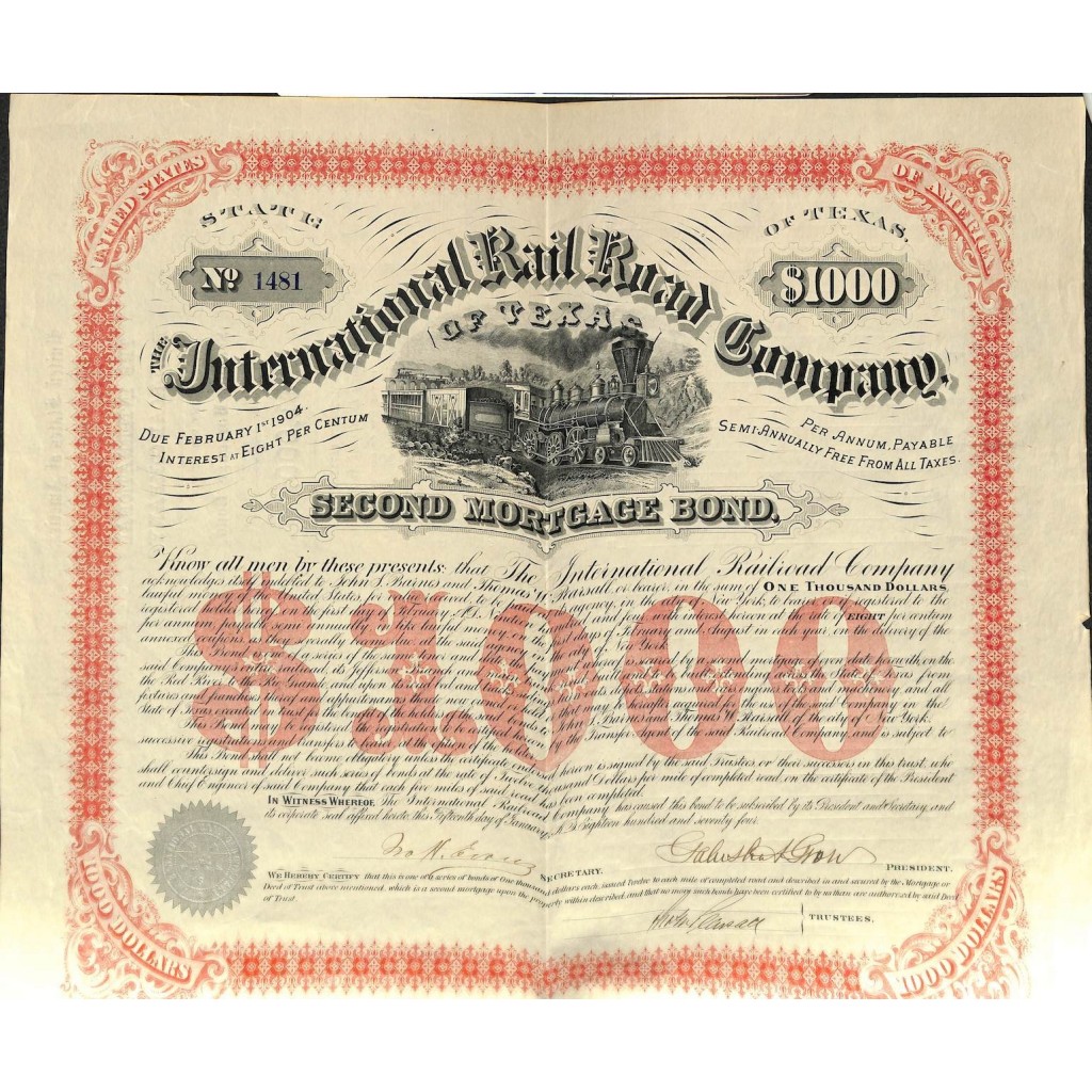 THE INTERNATIONAL RAILROAD COMPANY OF TEXAS - 1000 DOLLARI 1874