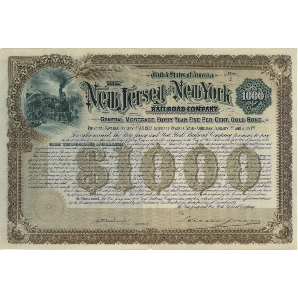 THE NEW JERSEY AND NEW YORK RAILROAD COMPANY - 1000 DOLLARI - 1933