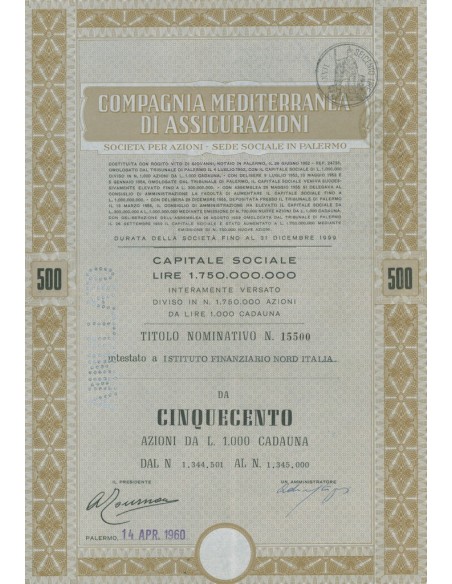 COMP. MEDITERRANEA DI ASSICURAZIONI - 500 AZIONI PALERMO 1960