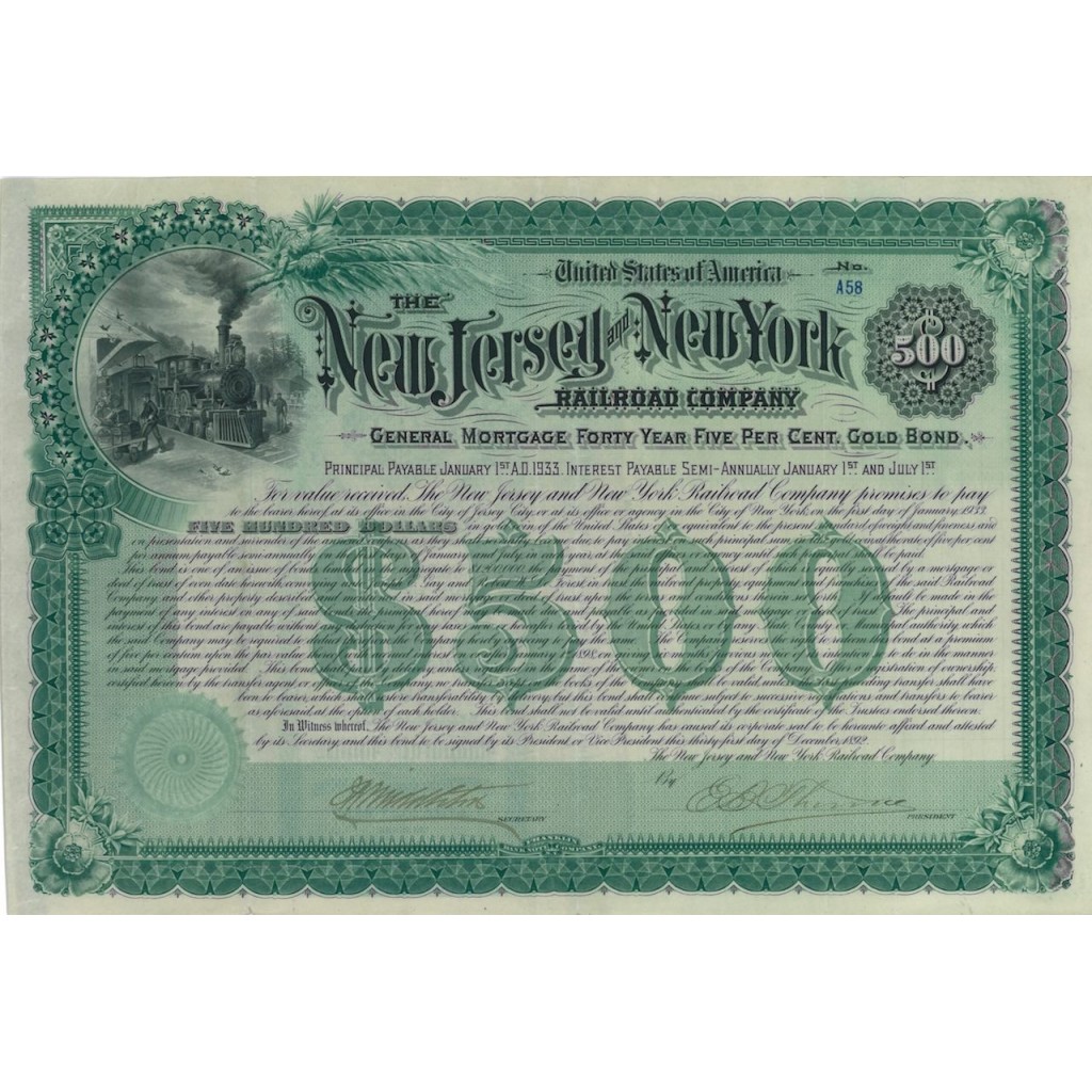 THE NEW YORK JERSEY AND NEW YORK RAILROAD COMP. 500 DOLLARI 1892