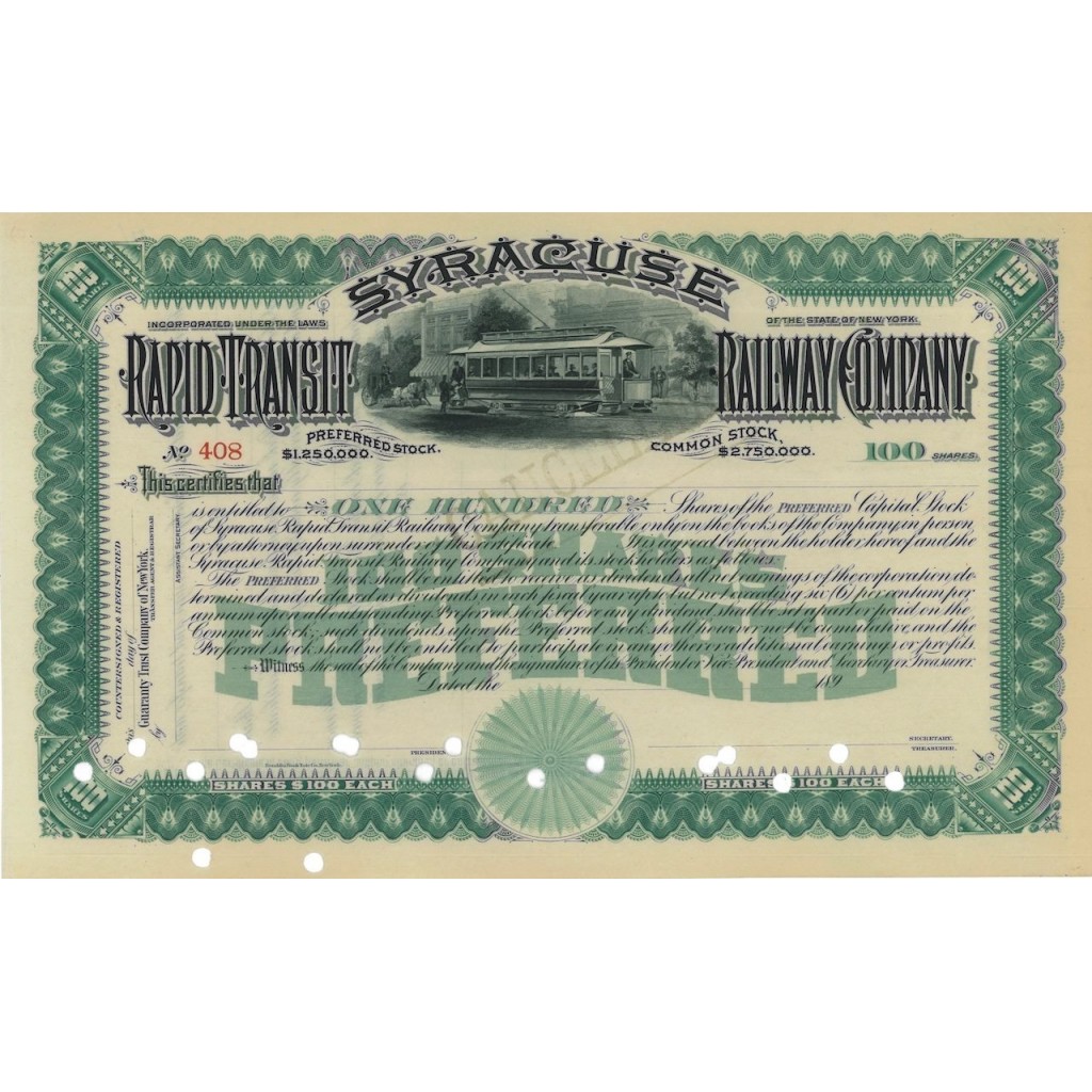 SIRACUSE RAPID TRANSIT RAILWAY COMPANY -100 AZIONI -