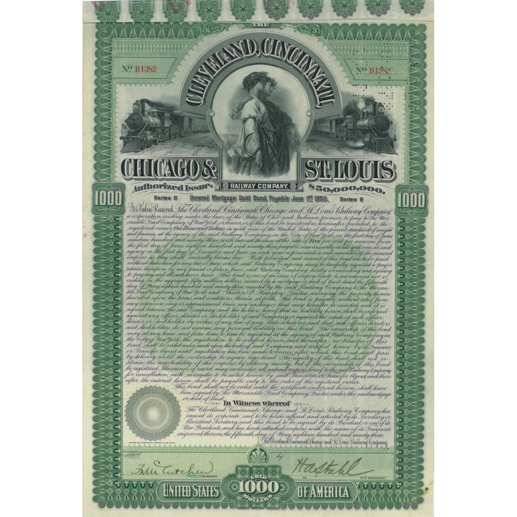CLEVELAND, CINCILLANTI,CHICAGO E ST. LUIS RAILWAY 1000 DOLLARI 1893