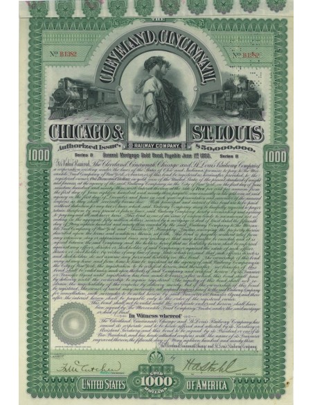 CLEVELAND, CINCILLANTI,CHICAGO E ST. LUIS RAILWAY 1000 DOLLARI 1893