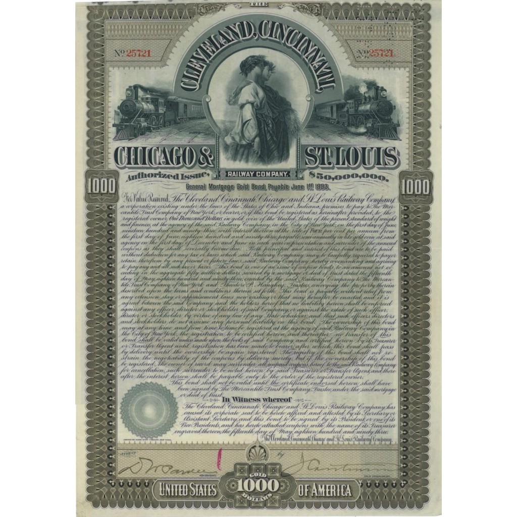 CLEVELAND, CINCILLANTI,CHICAGO E ST. LUIS RAILWAY 1000 DOLLARI 1893