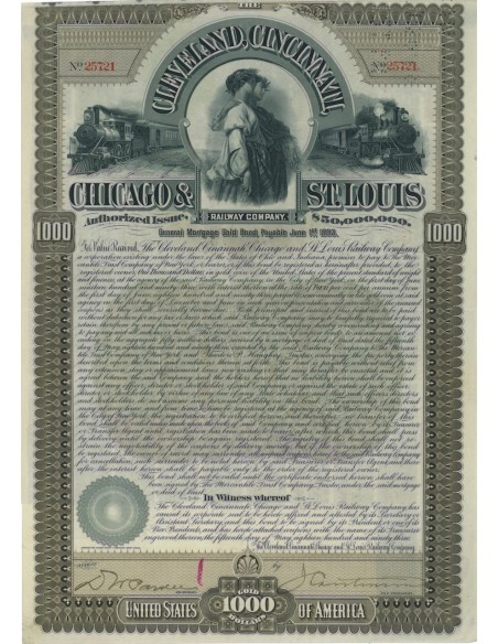 CLEVELAND, CINCILLANTI,CHICAGO E ST. LUIS RAILWAY 1000 DOLLARI 1893