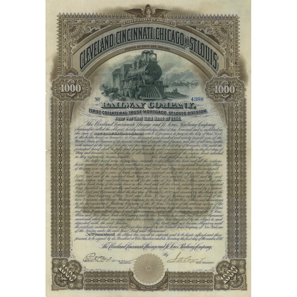 CLEVELAND, CINCILLANTI,CHICAGO E ST. LUIS RAILWAY 1000 DOLLARI 1990