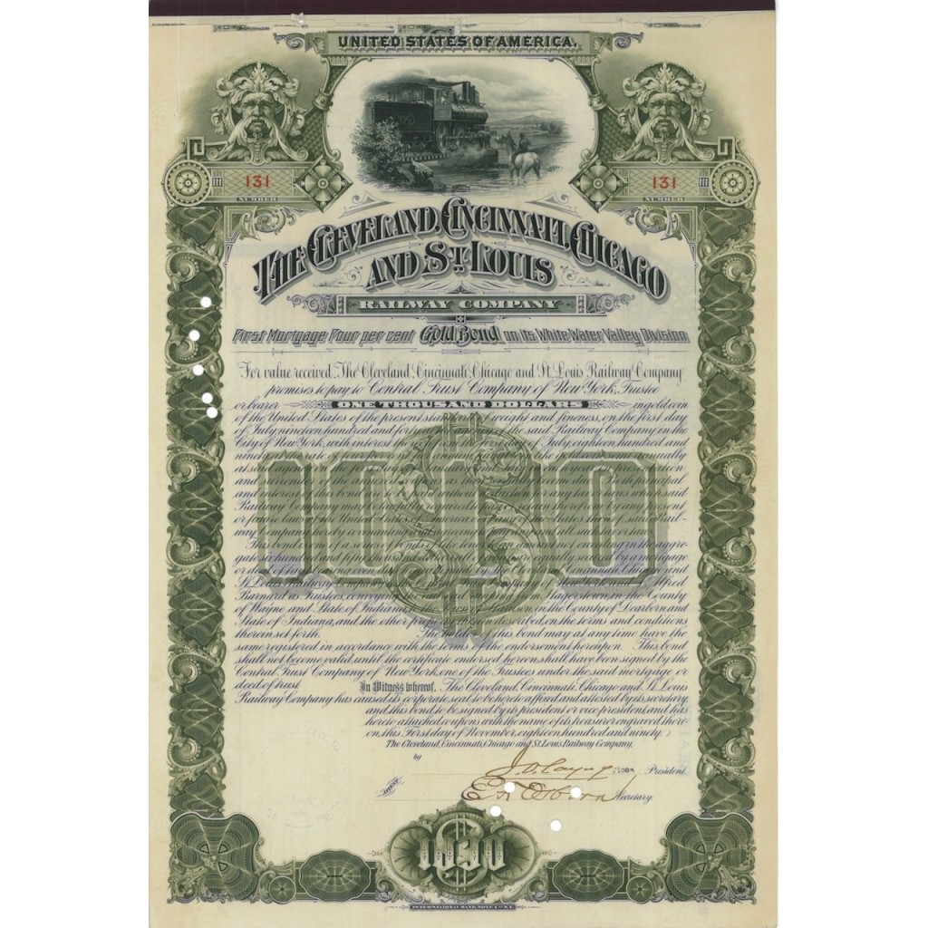 CLEVELAND, CINCILLANTI,CHICAGO E ST. LUIS RAILWAY 1000 DOLLARI 1940