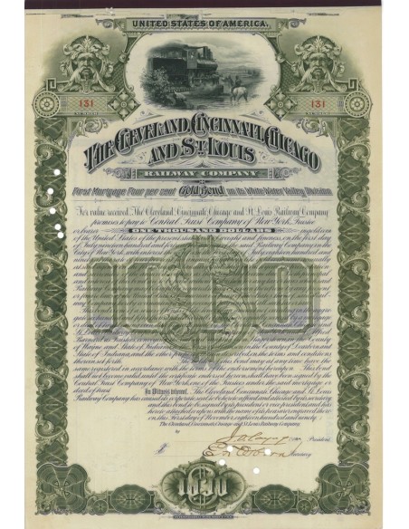 CLEVELAND, CINCILLANTI,CHICAGO E ST. LUIS RAILWAY 1000 DOLLARI 1940