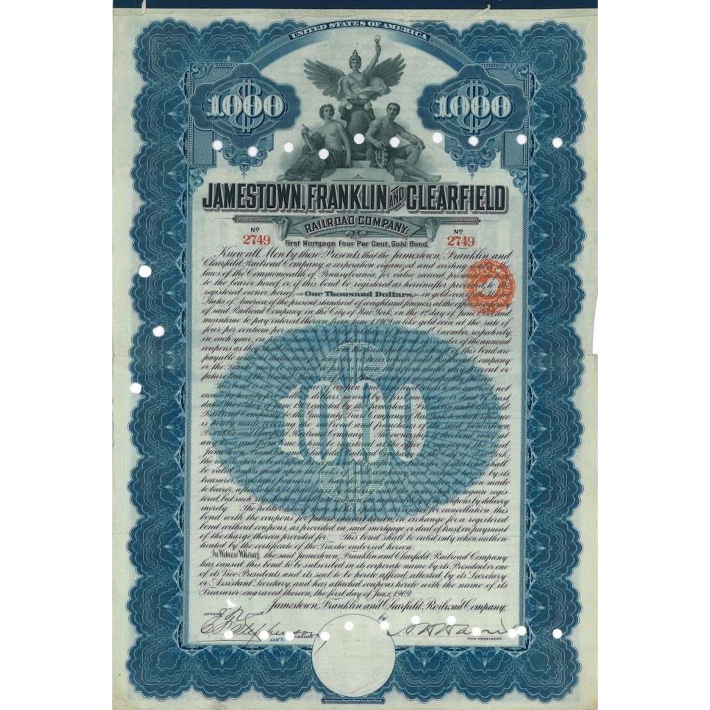 JAMESTOWN, FRANKLIN AND CLEARFIELD RAILROAD COMP. 1000 DOLLARI - 1959