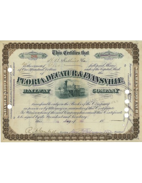 PEORIA, DECATUR AND EVANSVILLE RAILWAY COMPANY - 5 AZIONI - 1887