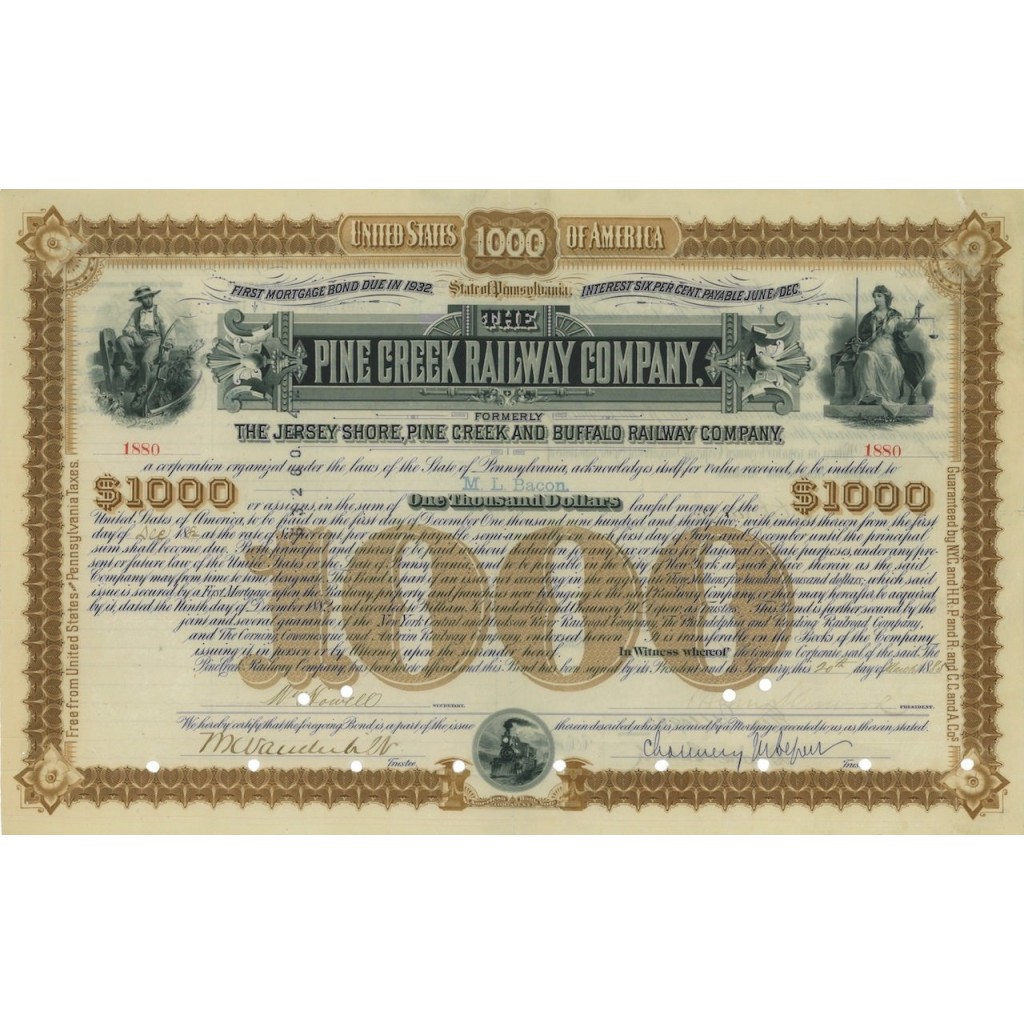 THE PINE CREEK RAILWAY COMPANY - 1000 DOLLARI - 1885