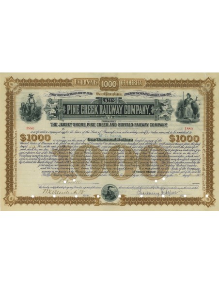 THE PINE CREEK RAILWAY COMPANY - 1000 DOLLARI - 1885