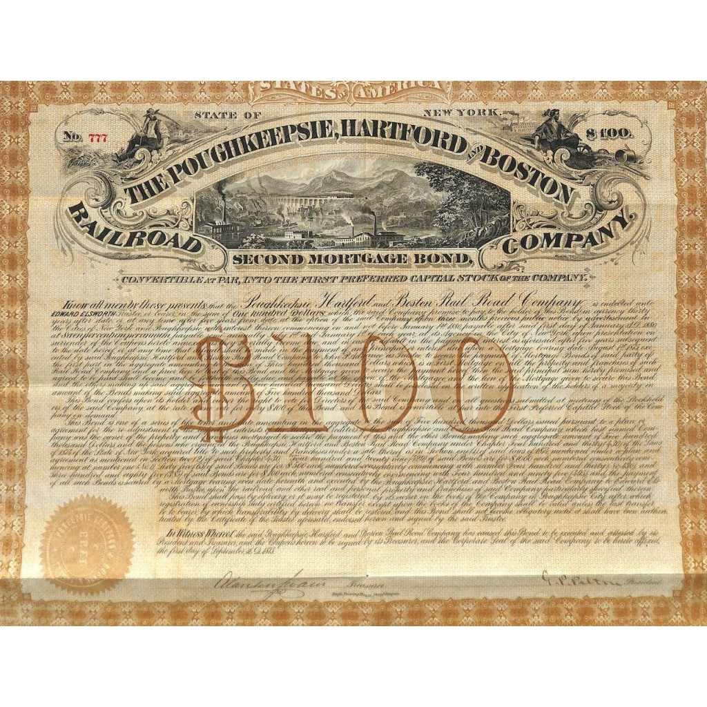 THE POUGHKEEPSIE HARTFORD AND BOSTON RAILROAD COMP. - 1000 DOLLARI 1875