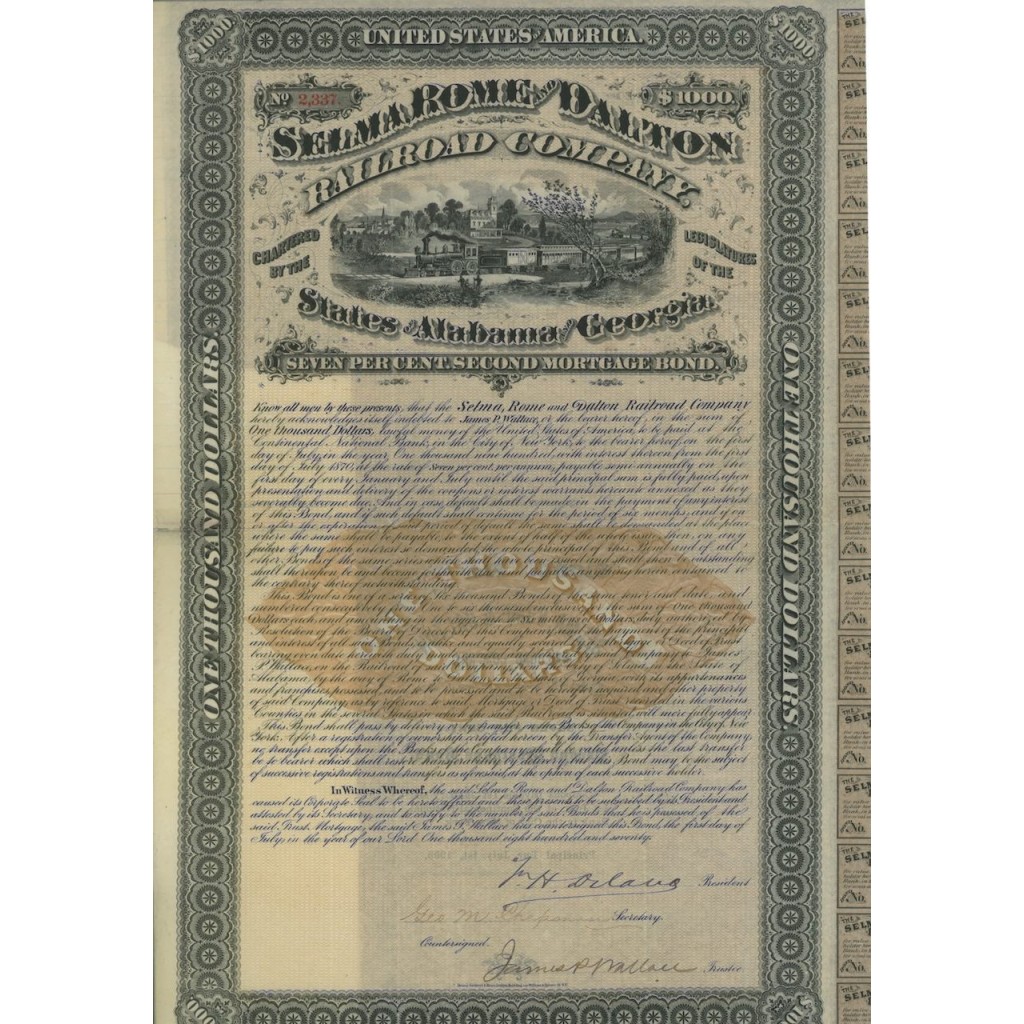 SELMA, ROME AND DALTON RAILROAD COMPANY - 1000 DOLLARI - 1884