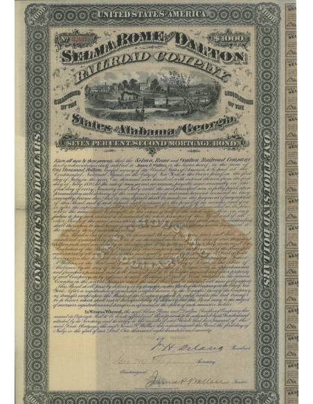 SELMA, ROME AND DALTON RAILROAD COMPANY - 1000 DOLLARI - 1884