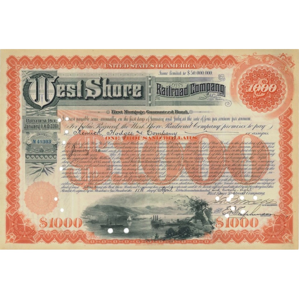 WEST SHORE RAILROAD COMPANY - 1000 DOLLARI - 1928