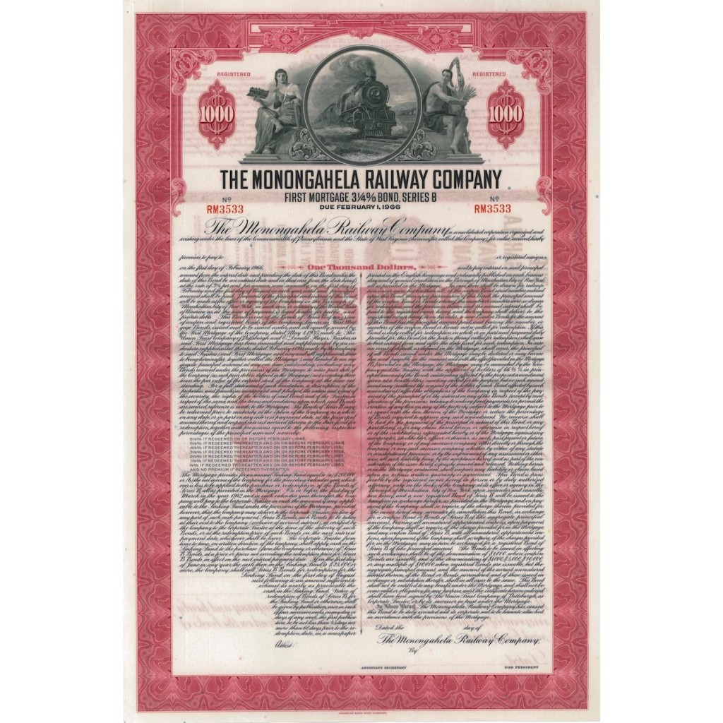 THE MONONGAHELA RAILWAY COMPANY - 1000 DOLLARI - 1966