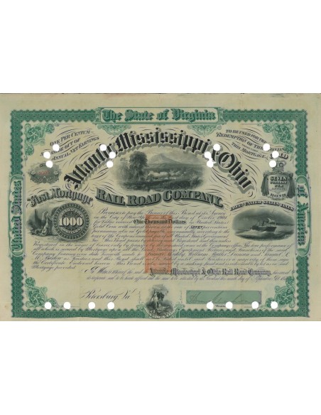 ATLANTIC MISSISSIPPI OHIO RAILROAD COMP. 1000 DOLLARI - 1871
