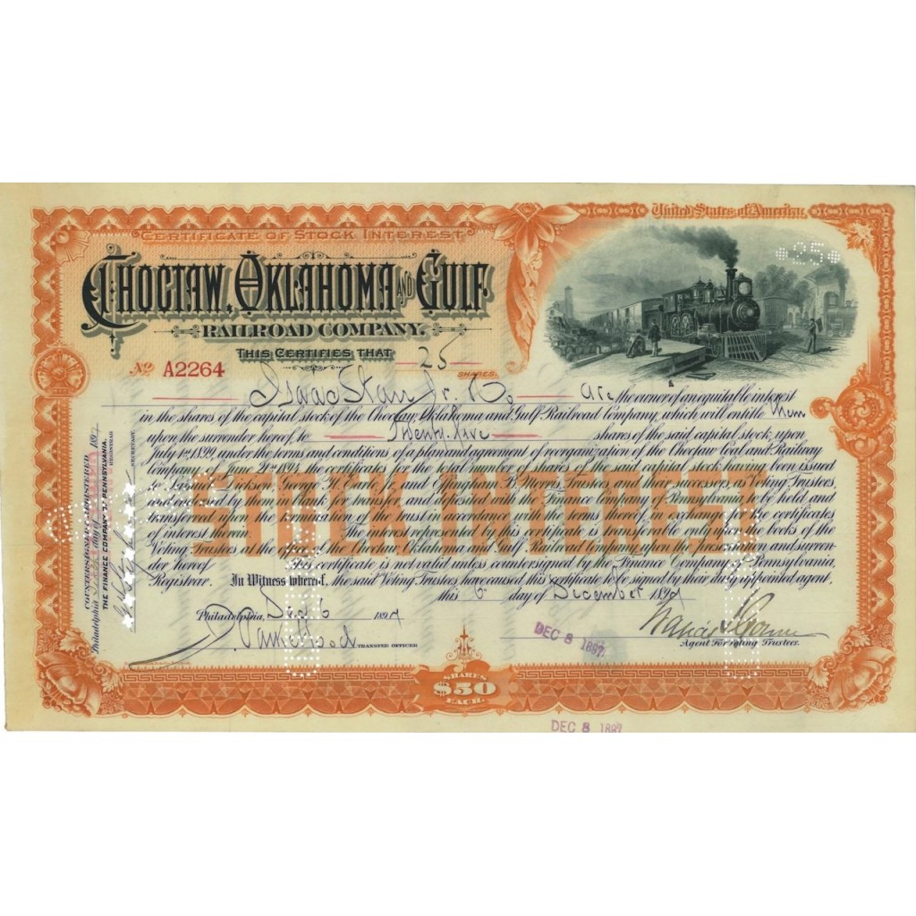 CHOCTAW OKLAHOMA AND GULF RAILROAD COMPANY - 25 AZIONI 1897
