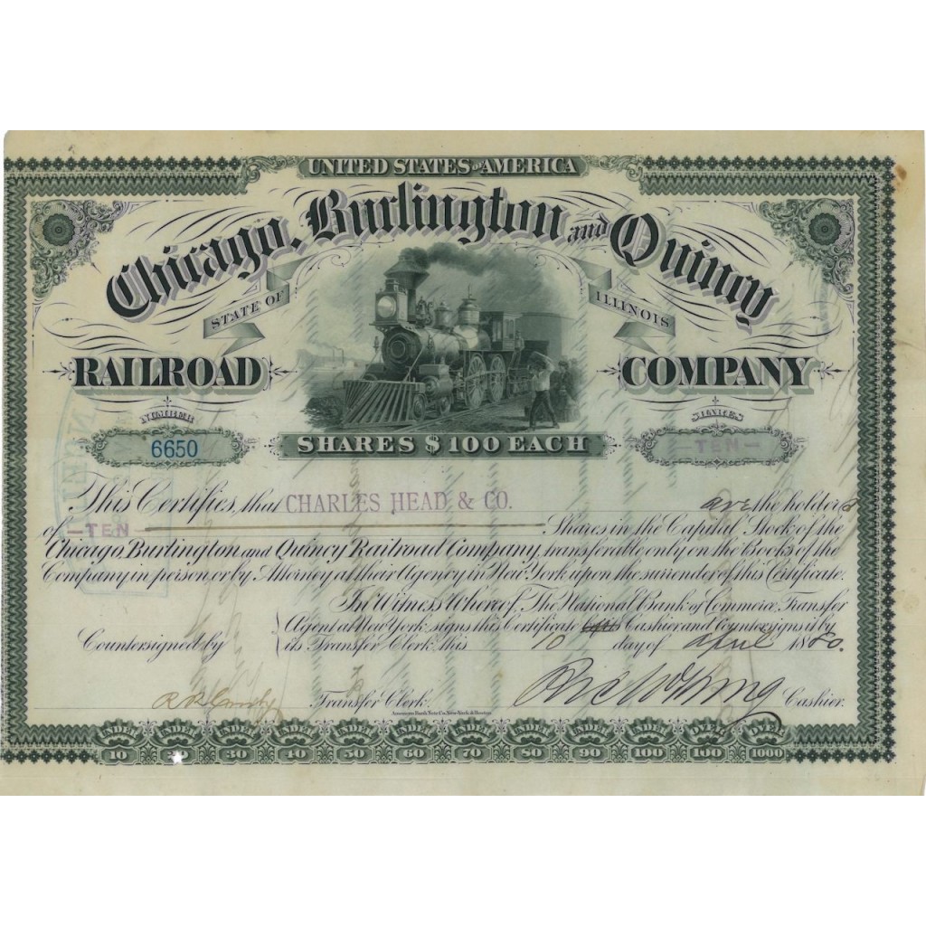 CHICAGO BURLINGTON AND QUINCY RAILROAD COMPANY - 10 AZIONI 1880
