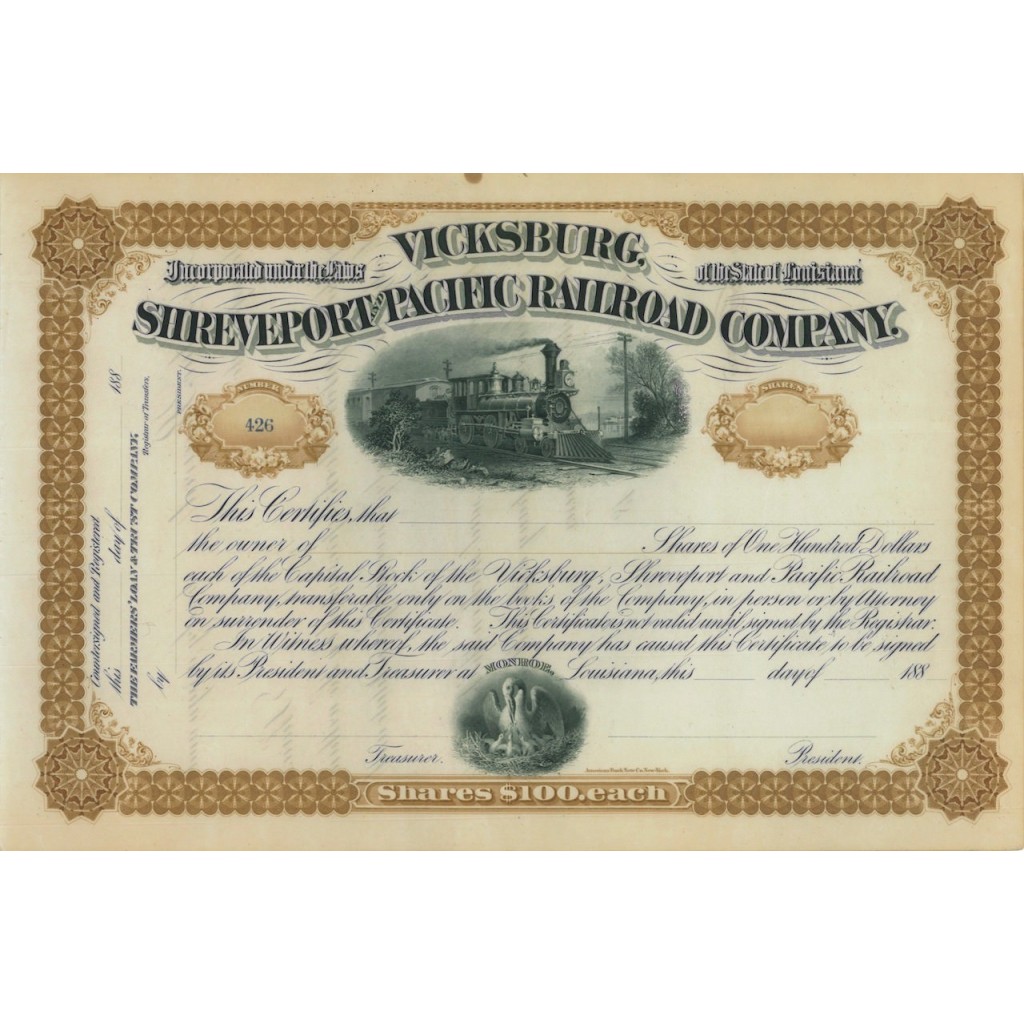 VICKSBURG, SHREVEPORT AND PACIFIC RAILROAD COMPANY - AZIONI 1880