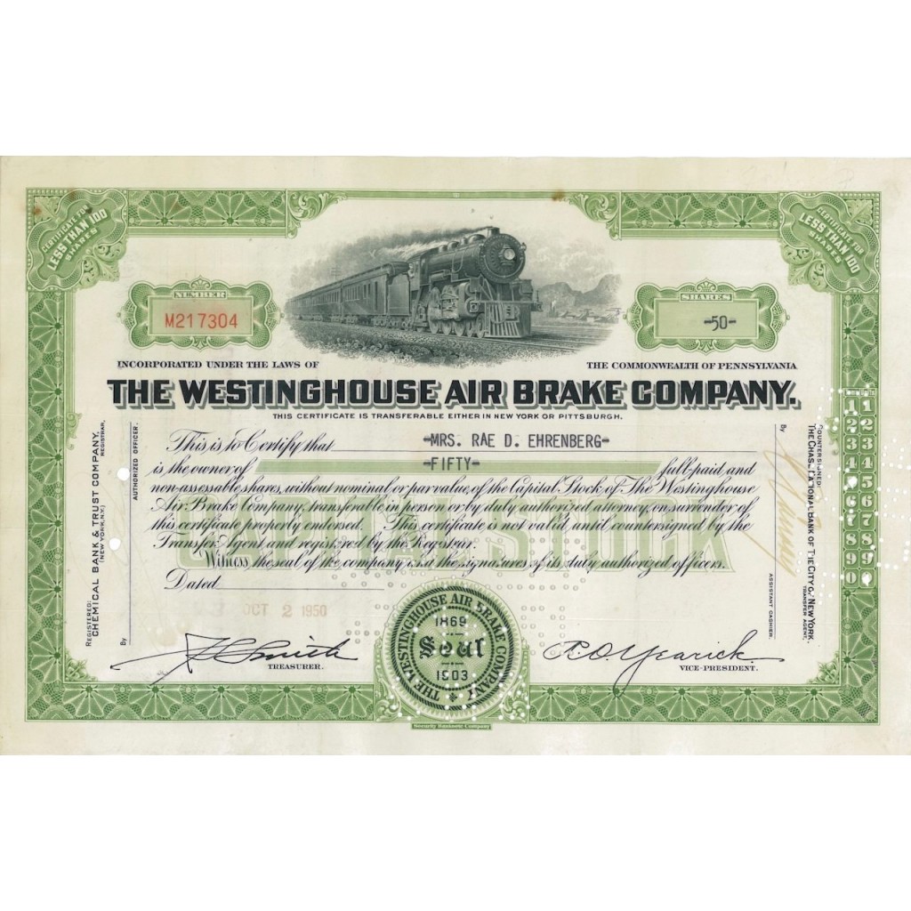 THE WESTINGHOUSE AIR BRAKE COMPANY 50 AZIONI 1950