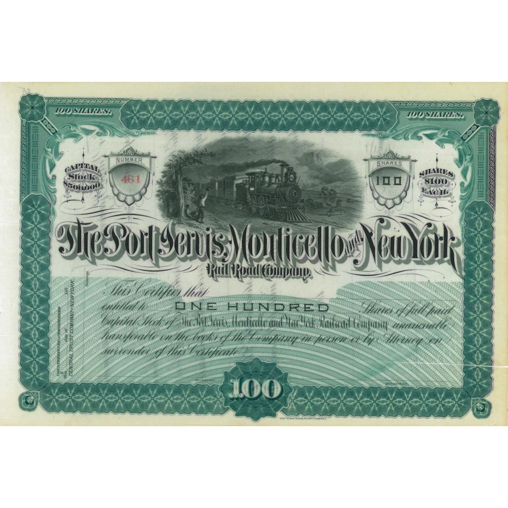 THE PORT JERVIS MONTICELLO AND NEW YORK RAILROAD COMP. 100 AZIONI