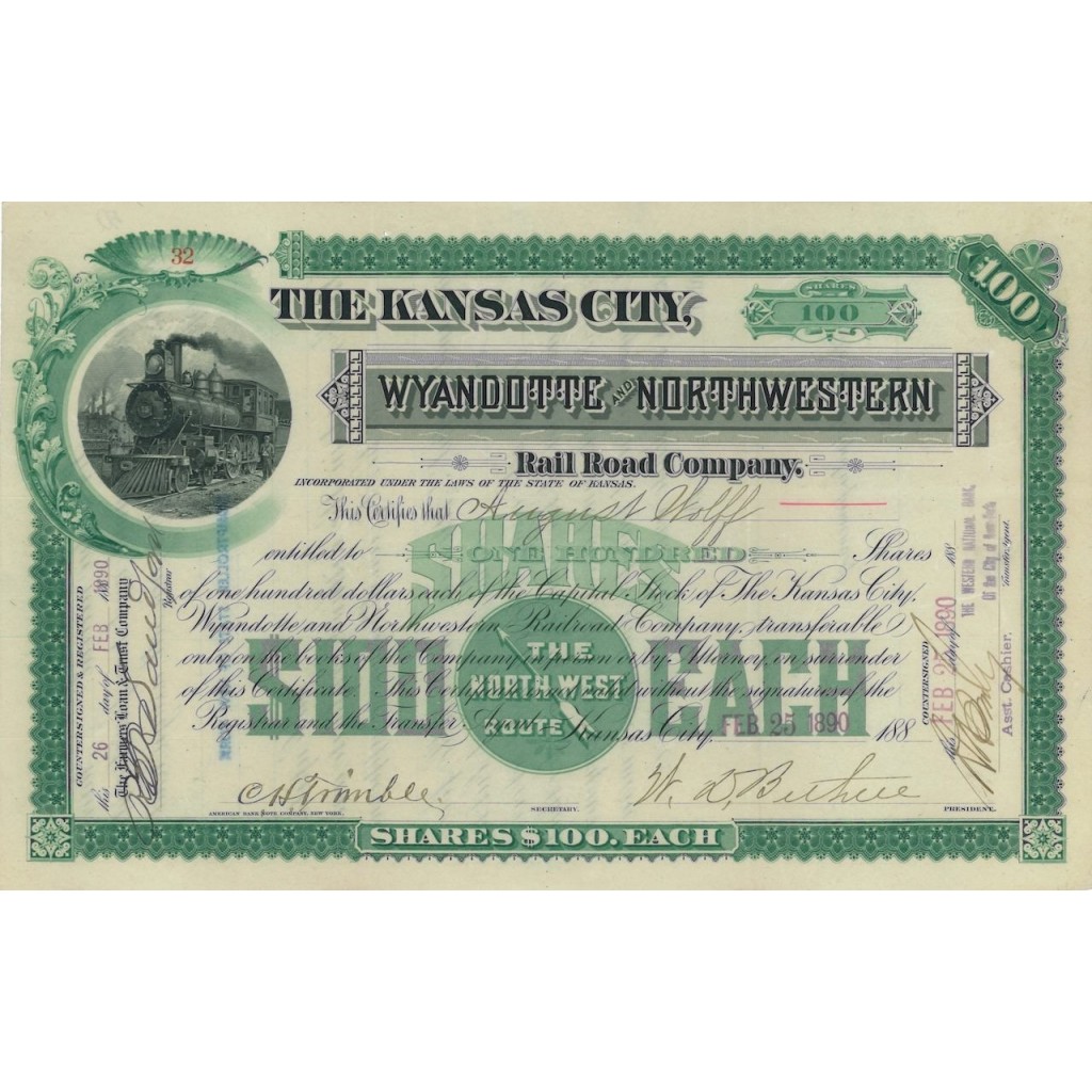 THE KANSAS CITY WYANDOTTE AND NORTHWESTERN R.C. 100 AZIONI - 1890