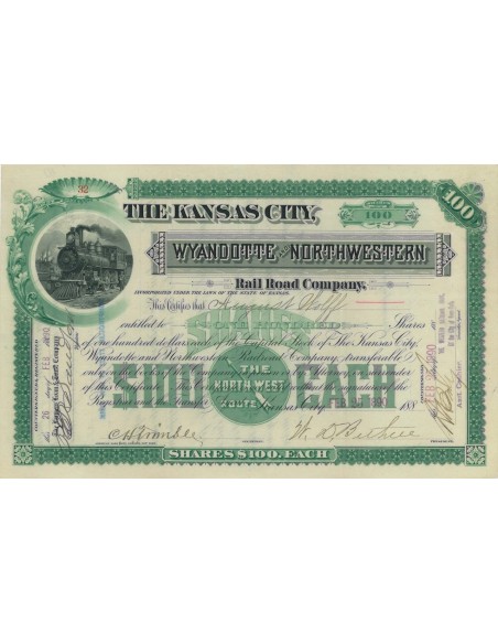 THE KANSAS CITY WYANDOTTE AND NORTHWESTERN R.C. 100 AZIONI - 1890