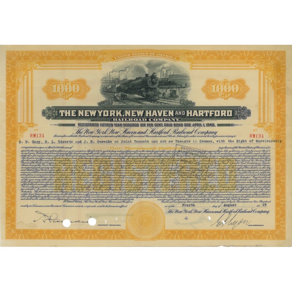 THE NEW YORK,NEW HAVEN AND HARTFORD R.C.- 1000 DOLLARI - 1927