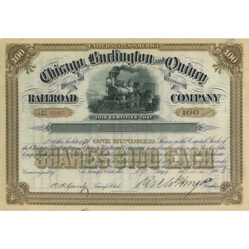 CHICAGO BURLINGTON AND QUINCY RAILROAD COMPANY - 100 AZIONI 1885