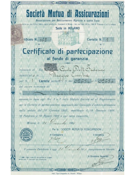 SOC. MUTUA DI ASSICURAZIONI - CERT. DI PARTECIPAZIONE L.100 - MILANO 1911