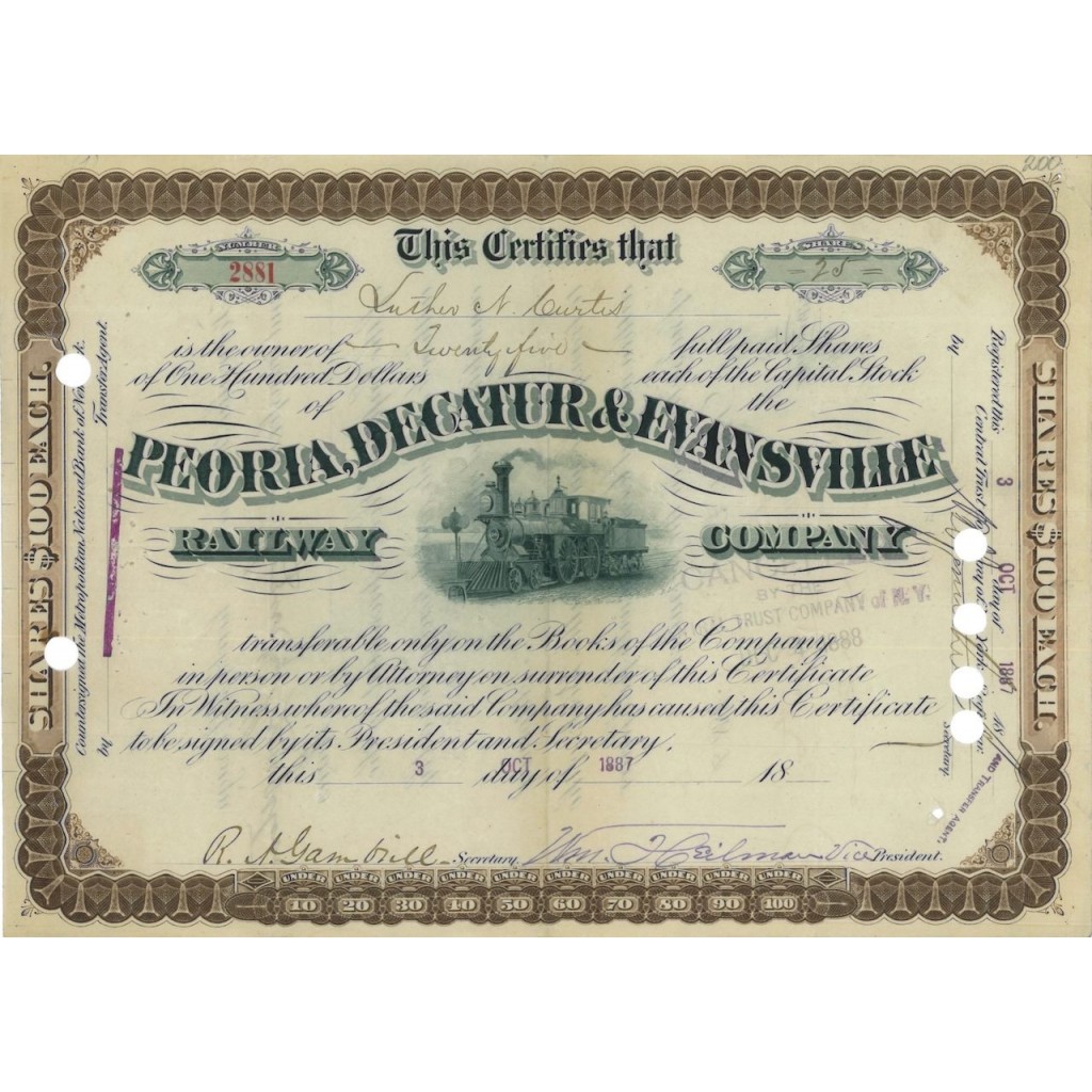 PEORIA, DECATUR AND EVANSVILLE RAILWAY COMPANY 25 AZIONI 1887