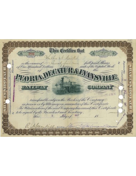 PEORIA, DECATUR AND EVANSVILLE RAILWAY COMPANY 25 AZIONI 1887