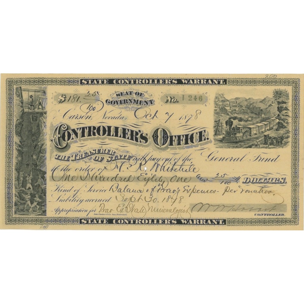 STATE CONTROLLERS WARRANT NEVADA - 1878