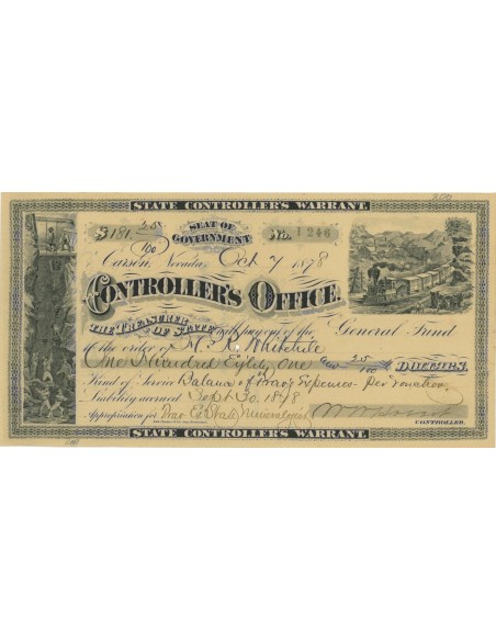 STATE CONTROLLERS WARRANT NEVADA - 1878