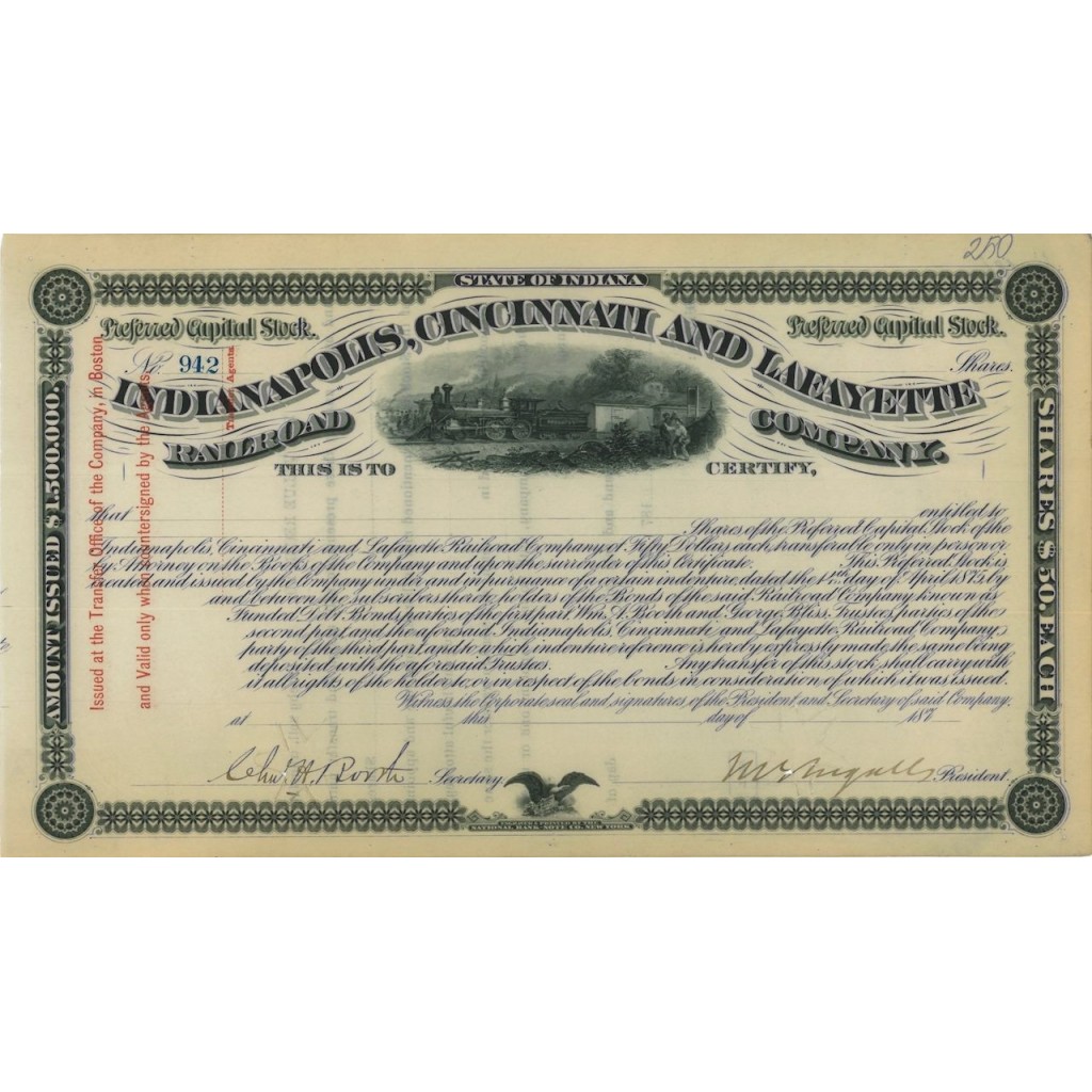 INDIANAPOLIS, CINCINNATI AND LAFAYETTE RAILROAD COMP. AZIONI 1875