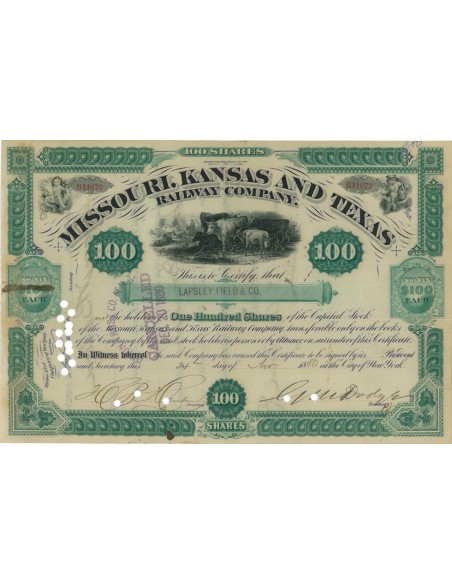 MISSOURI, KANSAS AND TEXAS RAILWAY COMPANY - 100 AZIONI - 1880