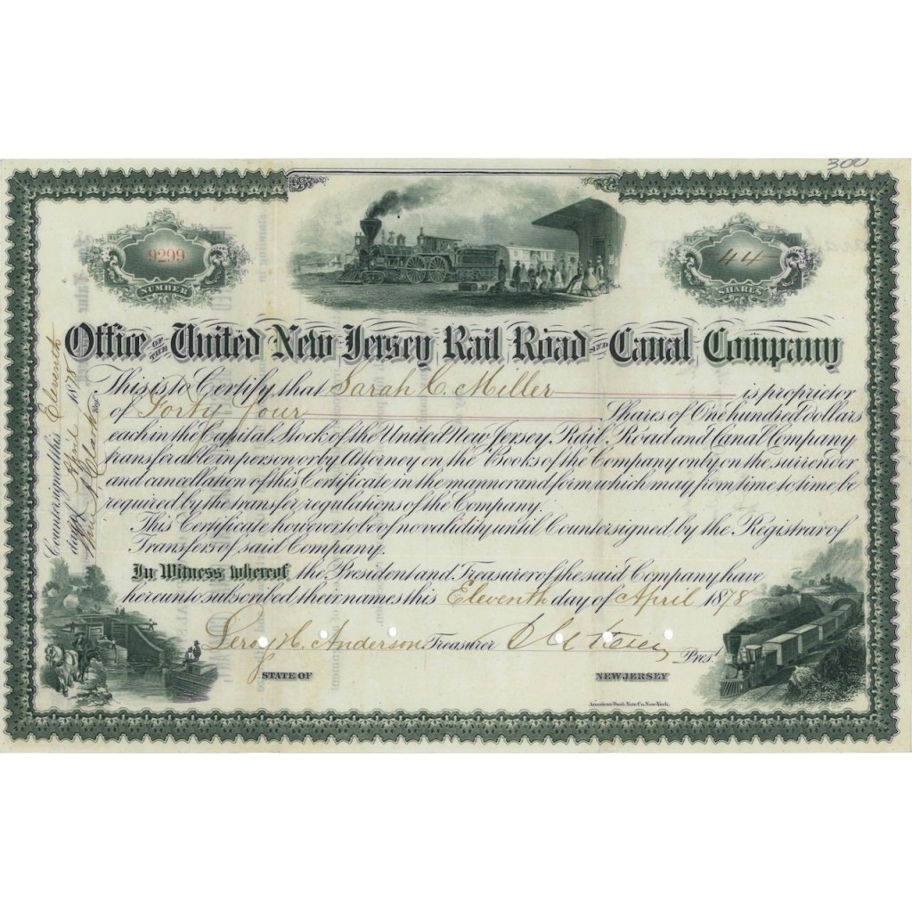 UNITED NEW JERSEY RAIL ROAD AND CANAL COMPANY - 44 AZIONI 1878