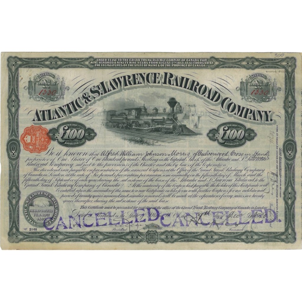 ATLANTIC AND ST. LAWRENCE RAILROAD COMPANY - 100 STERLINE - 1920