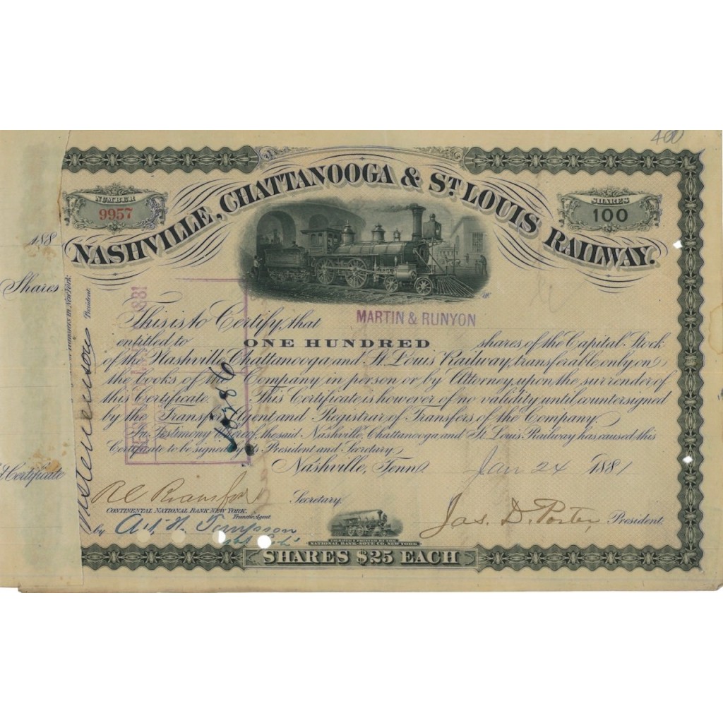 NASHVILLE, CHATTANOOGA AND ST. OUIS RAILWAY - 100 AZIONI 1881