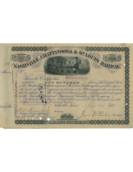 NASHVILLE, CHATTANOOGA AND ST. OUIS RAILWAY - 100 AZIONI 1881