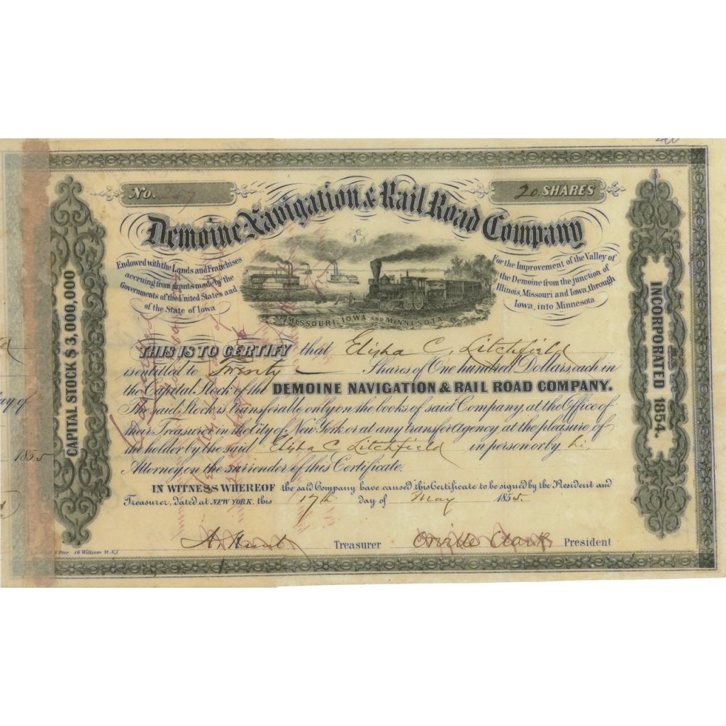 DEMOINE NAVIGATION AND RAIL ROAD COMPANY - 20 AZIONI - 1855