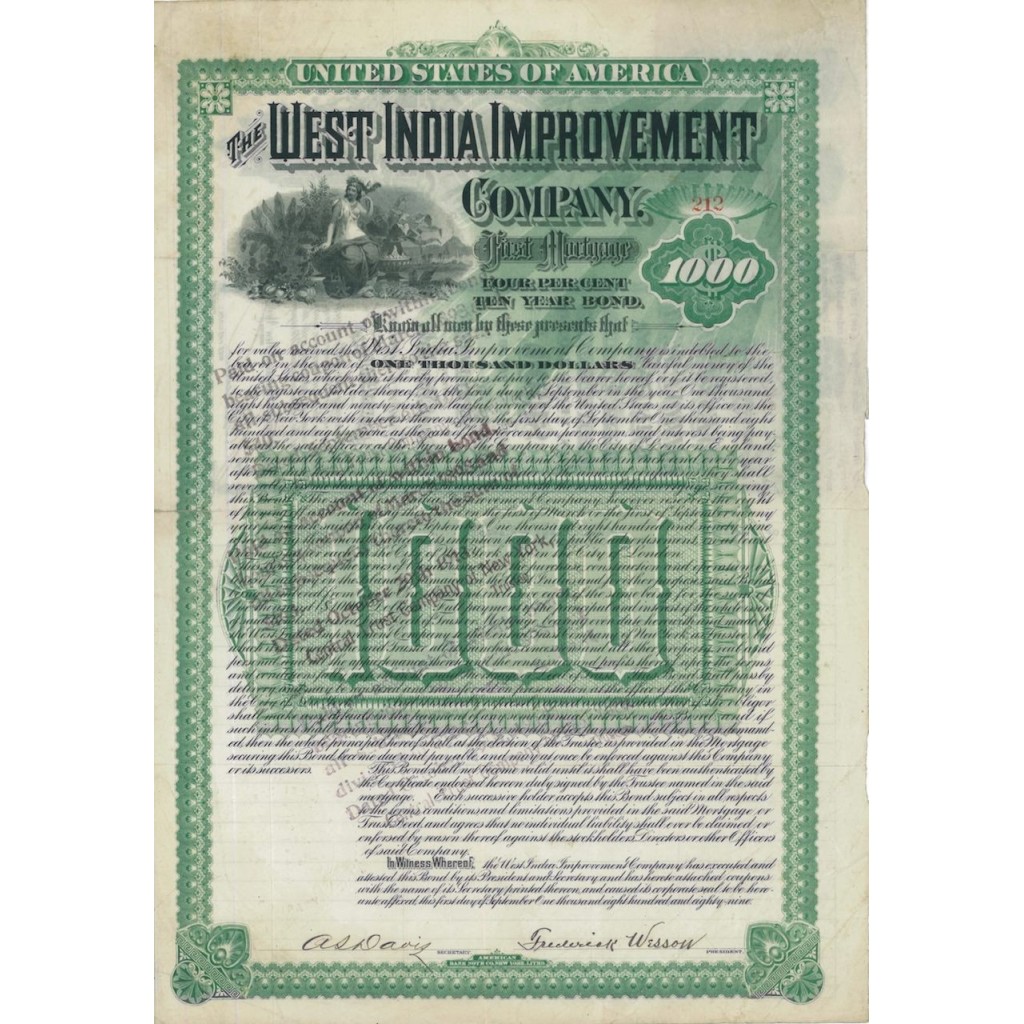 THE WEST INDIA IMPROVEMENT COMPANY - 1000 DOLLARI 1899
