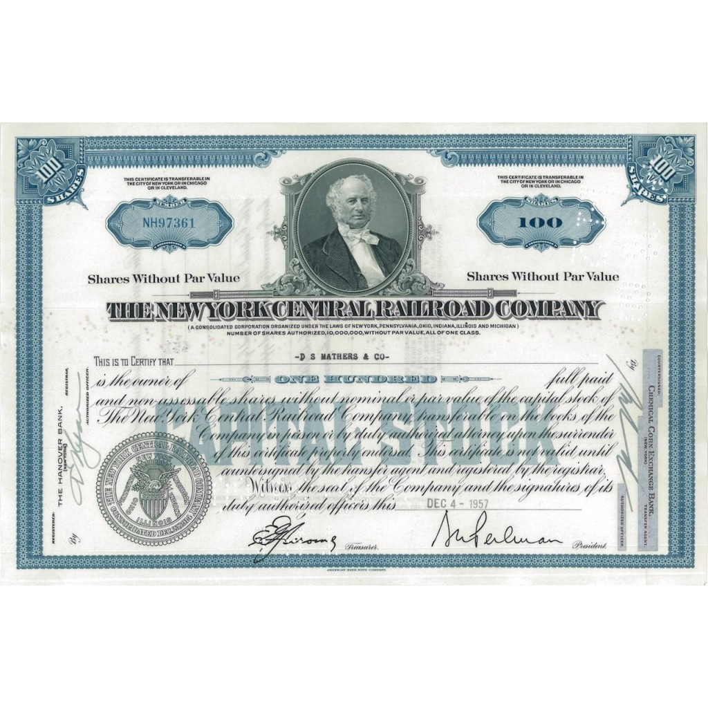 THE NEW YORK CENTRAL RAILROAD COMPANY - 100 AZIONI - 1957
