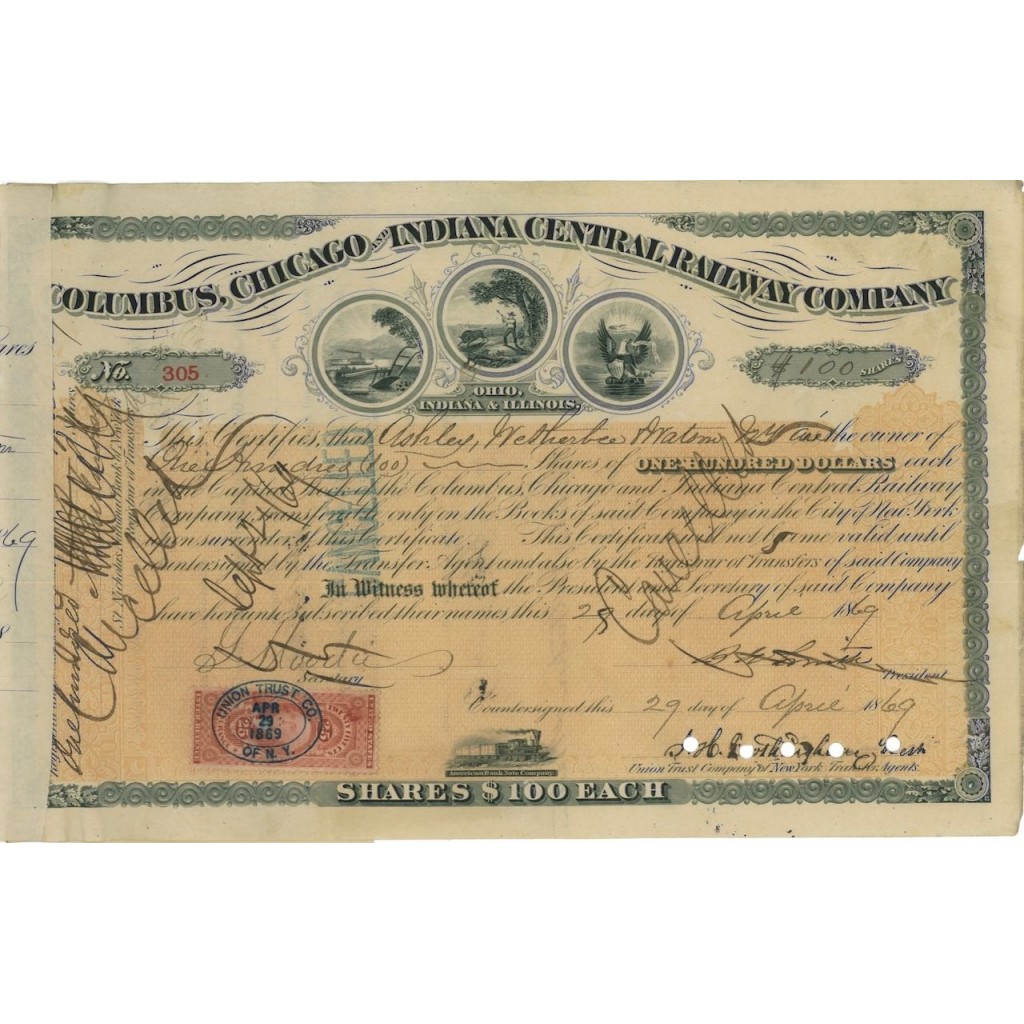 COLUMBUS, CHICAGO AND INDIANA CENTRAL RAILWAY COMP. 100 AZIONI 1869