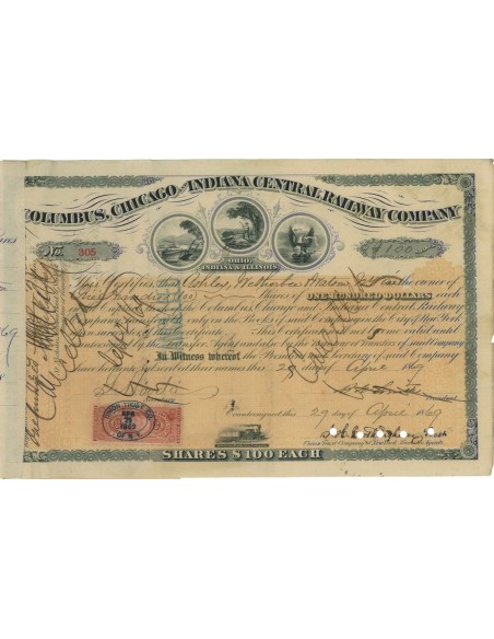 COLUMBUS, CHICAGO AND INDIANA CENTRAL RAILWAY COMP. 100 AZIONI 1869