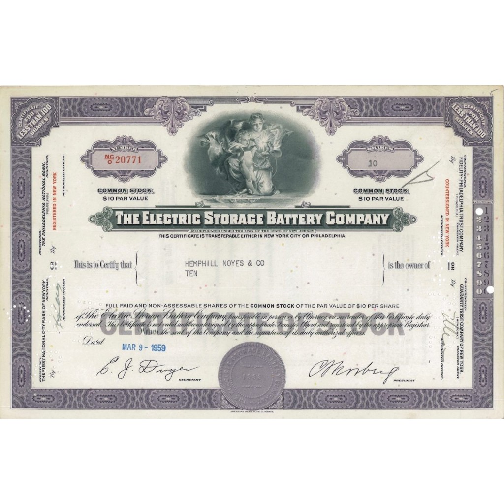 THE ELECTRICS STORAGE BATTERY COMPANY - 10 AZIONI - 1959